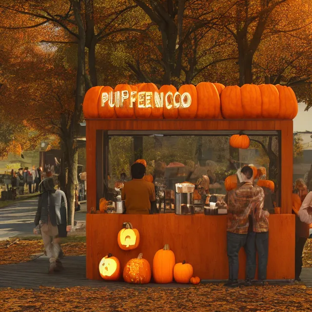 Prompt: pumpkin headed people ordering coffee at a coffee stand, maple trees with fall foliage, woodstock vermont, volumetric, realistic, cinematic lighting, ray tracing, unreal engine 5, octane render, hyper realistic, photo, 8 k