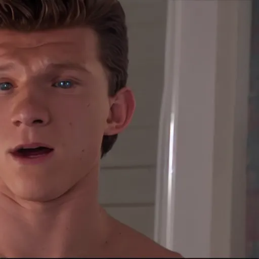 Image similar to Tom Holland in Baywatch. Movie still frame. 4K UHD.