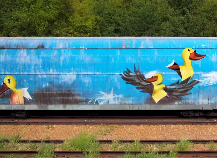 Image similar to stylized duck spray-painted on the side of a train car, award winning photo, 8k