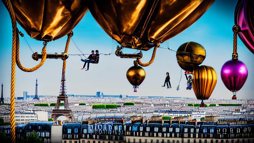 Prompt: large colorful futuristic space age metallic steampunk steam - powered balloons with pipework and electrical wiring around the outside, and people on rope swings underneath, flying high over the beautiful paris city landscape, professional photography, 8 0 mm telephoto lens, realistic, detailed, photorealistic, photojournalism