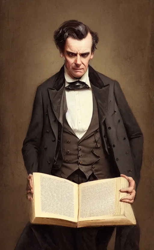 Image similar to portrait of a middle aged victorian gentleman, holding a large book, dressed in suit and waistcoat, male, detailed face, victorian, highly detailed, cinematic lighting, digital art painting by greg rutkowski