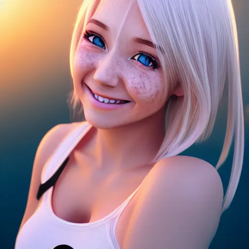 Image similar to beautiful hyperrealism selfie of a cute 3 d anime young woman smiling smugly, long light platinum blonde hair, flushed face, heart - shaped face, cute freckles, light blue eyes, golden hour, 8 k, instagram