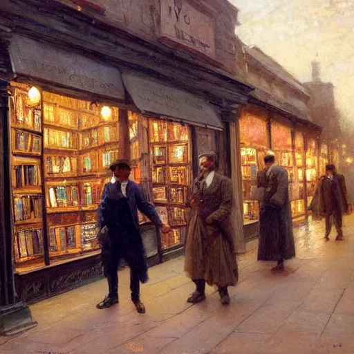 Image similar to Solomon Joseph Solomon and Richard Schmid and Jeremy Lipking victorian genre painting painting of an english 19th century english bookshop store front on a stone city streat with shops and stores at night with cozy lights
