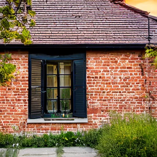 Prompt: a two floor house, exposed brick walls, large tinted window, black window frames, nice flowered distributed back yard with stonemasons, slate roof style, during sunset, nice house lighting