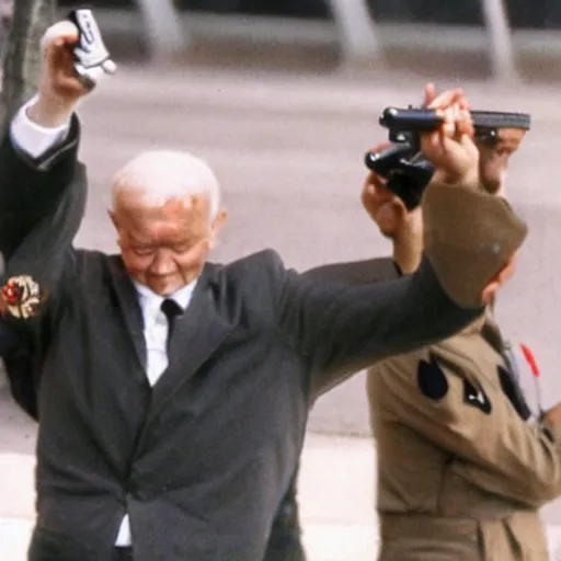 Image similar to robert lewandowski pointing a gun at john paul ii