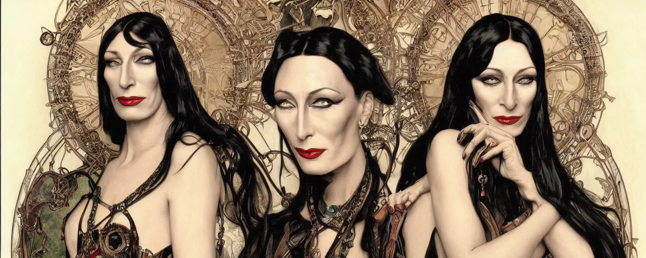 Image similar to stunning exotic art nouveau portrait of anjelica huston and morticia addams as industrial dieselpunk queens of the night by glenn fabry, simon bisley and alphonse mucha, photorealism, extremely hyperdetailed, perfect symmetrical facial features, perfect anatomy, ornate declotage, spikes, latex, confident expression, wry smile, sinister eyes