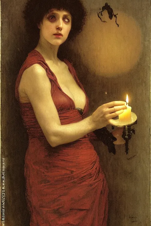 Prompt: a renaissance oil painting portrait by alma tadema of demonic vampire evil woman by full moon holding lit dark candles, candlelight, colourful pastel, detailed academic bouguereau, high shadow, strong contrast, medium shot, sharp focus