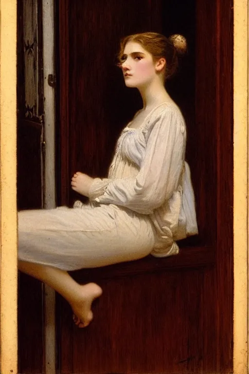 Prompt: girl under moonlight by auguste toulmouche, dark dreamy lighting, perfectly detailed eyes, beautiful hands, pale skin, blonde hair, leaning on door