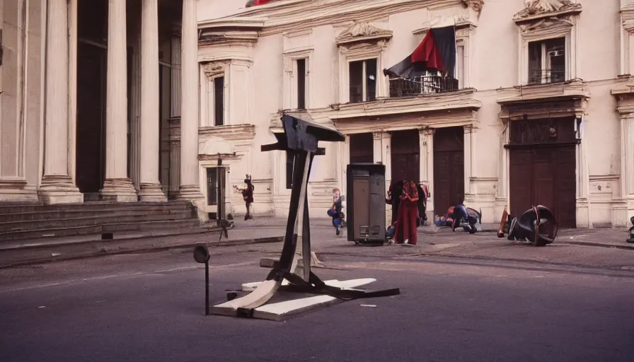 Prompt: 1 9 7 0 s movie still of a guillotine on a great neoclassical square, with maximilien de robespierre, cinestill 8 0 0 t 3 5 mm, high quality, heavy grain, high detail, cinematic composition, dramatic light, anamorphic, ultra wide lens, hyperrealistic