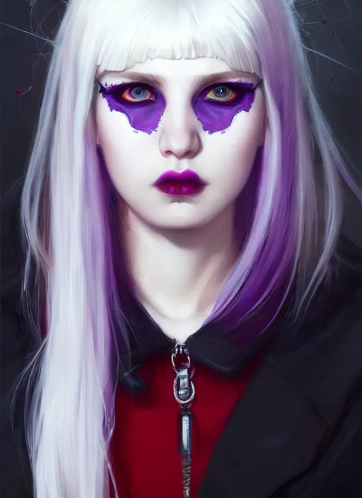 Image similar to portrait of white teenage girl, normal face, white bangs, mall goth, cyberlox, black and white hair, bangs, fluffy bangs, red contact lenses, purple lipstick, intricate, elegant, highly detailed, digital painting, artstation, concept art, sharp focus, smooth, illustration, art by wlop, mars ravelo and greg rutkowski