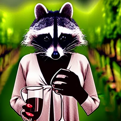 Prompt: a photograph of a racoon wearing a night gown holding a cup of wine