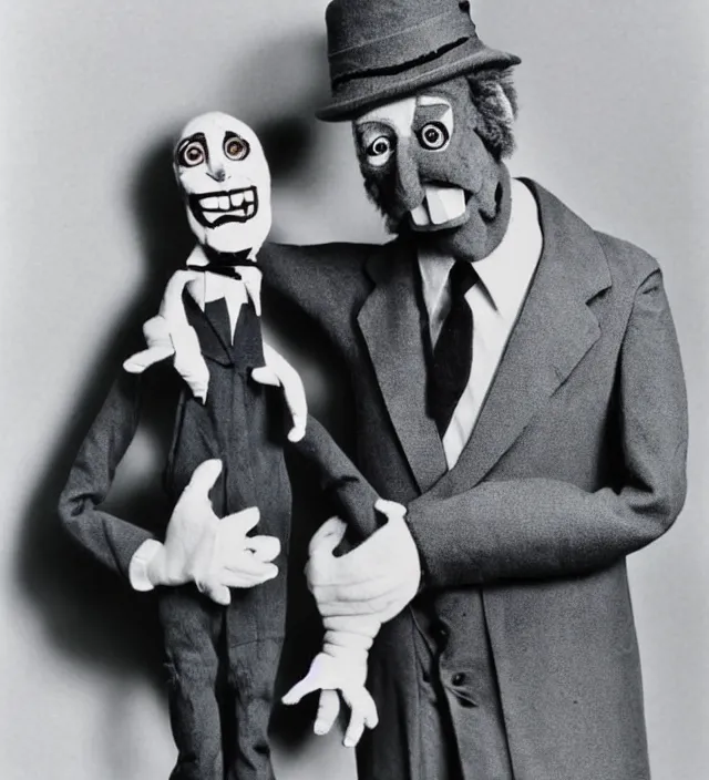 Image similar to hyper realistic old 1 9 8 0 photography of lunatic mad ventriloquist old man with terrific haunted puppet