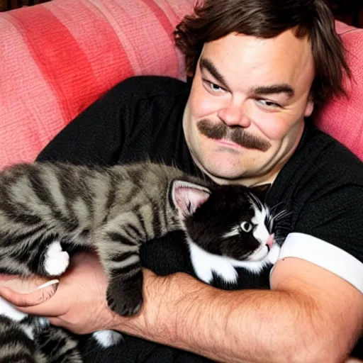 Image similar to jack black cuddling with kittens