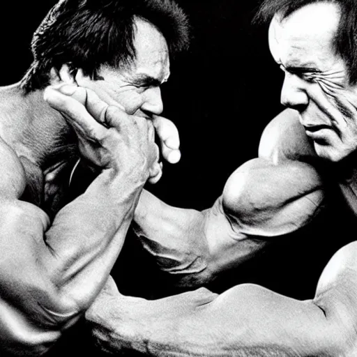 Image similar to hulk arm-wrestling with arnold schwarzenneger