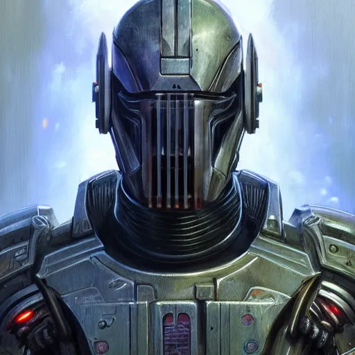 Image similar to the doomslayer as a realistic scifi cyberpunk knight, closeup portrait art by donato giancola and greg rutkowski, vintage retro scifi, realistic face, digital art, trending on artstation, symmetry!!!