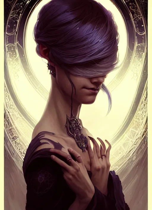 Image similar to Necromancer Sorceress, fantasy magic, undercut hairstyle, dark light night, intricate, elegant, sharp focus, illustration, highly detailed, digital painting, concept art, matte, art by WLOP and Artgerm and Greg Rutkowski and Alphonse Mucha, masterpiece