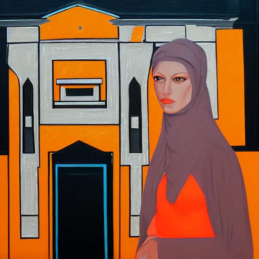 Image similar to detailed portrait of a beautiful woman, courtyard, capital, mosque interior, reflections, control panel, watcher, omniscient, covered walkway, obsidian, orange teal gray black, tech noire, few neon signs, surreal oil on canvas