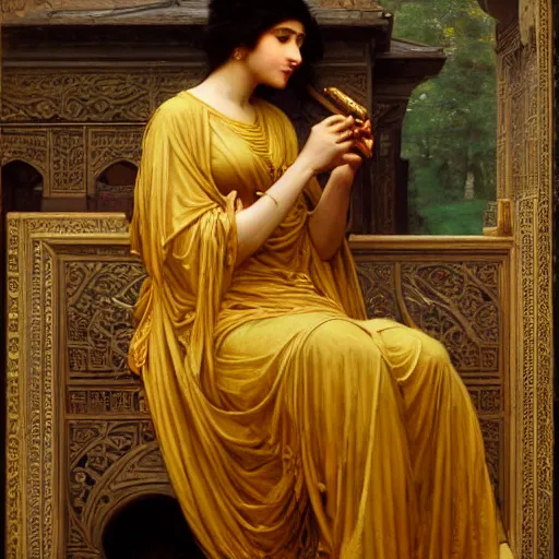 Image similar to orientalist portrait of a moorish female sage wearing a golden robe smoking a pipe in a sandstone temple intricate portrait by john william waterhouse and Edwin Longsden Long and Theodore Ralli and William-Adolphe Bouguereau, very coherent symmetrical artwork. Cinematic, hyper realism, high detail 8k