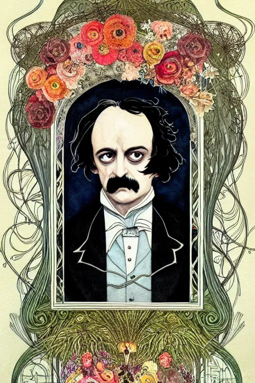 Image similar to realistic portrait of edgar allen poe in the center of an ornate floral frame, detailed art by kay nielsen and walter crane, illustration style, watercolor