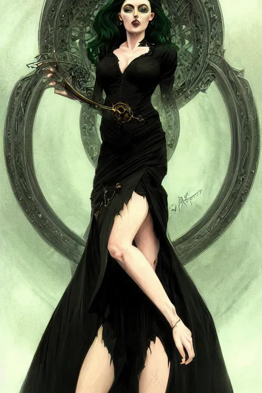 Image similar to portrait of a dark fantasy seductive female necromancer, stylish black dress, green eyes, long red hair, fantasy, elegant, intricate, full frontal shot, highly detailed, digital painting, artstation, concept art, sharp focus, illustration, art by artgerm and greg rutkowski and alphonse mucha