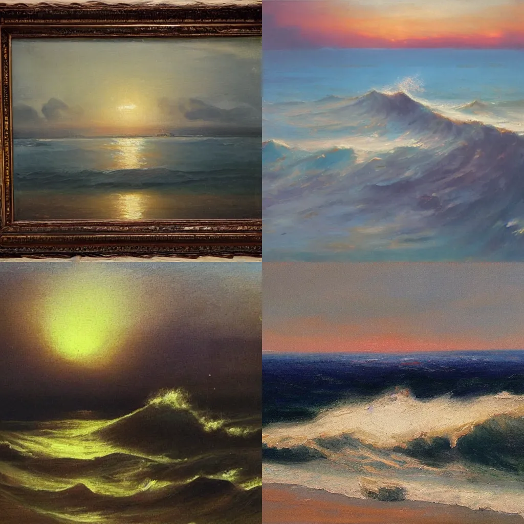 Prompt: seascape with big waves and sunset painted with oil paints in Kuindzhi style