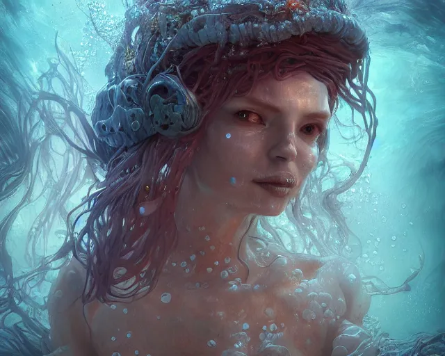 Prompt: underwater witch, au naturel, hyper detailed, digital art, trending in artstation, cinematic lighting, studio quality, smooth render, unreal engine 5 rendered, octane rendered, art style by klimt and nixeu and ian sprigger and wlop and krenz cushart.