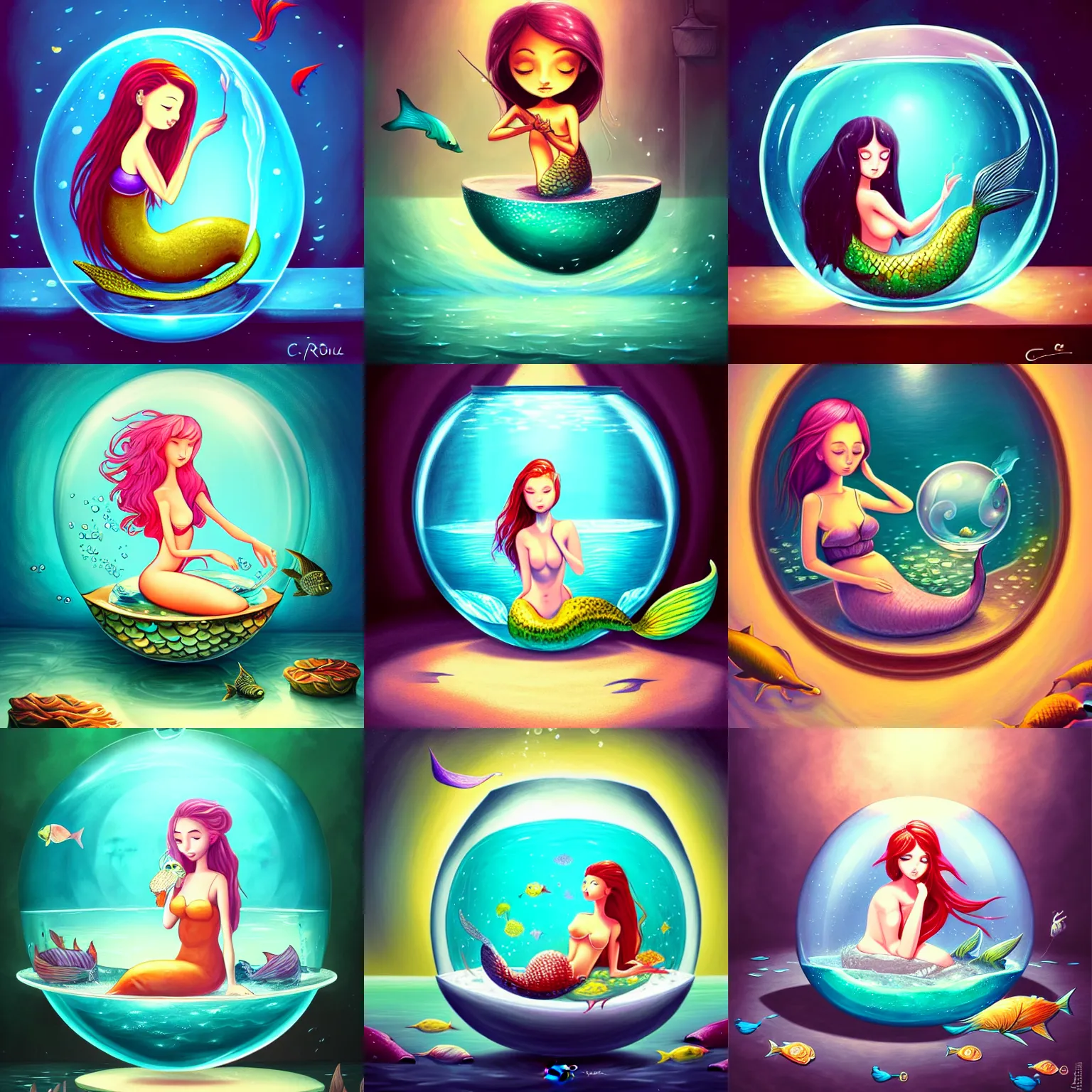 Prompt: a drawing of a mermaid sitting in a fish bowl, a storybook illustration by cyril rolando, featured on pixiv, pop surrealism, fisheye lens, anime