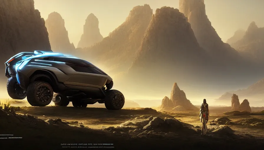 Image similar to a futuristic offroad suv designed by apple on socotra island, artgerm and greg rutkowski and alphonse mucha, an epic fantasy, volumetric light, detailed, trending on art station, octane render, midsommar