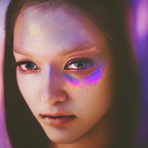 Image similar to grainy color polaroid portrait of a beautiful alien, feminine, iridescent eyes, intricate detail, sigma 85mm f/1.4, 4k