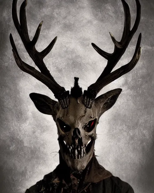 Image similar to deer - skull ghost - spirit of the grim - warpaint wears the scarlet skull armor and native blood headdress antlers, midnight fog - mist!, dark oil painting colors, realism, cinematic lighting, various refining methods, micro macro autofocus, ultra definition, award winning photo, photograph by ghostwave - gammell - giger - shadowlord