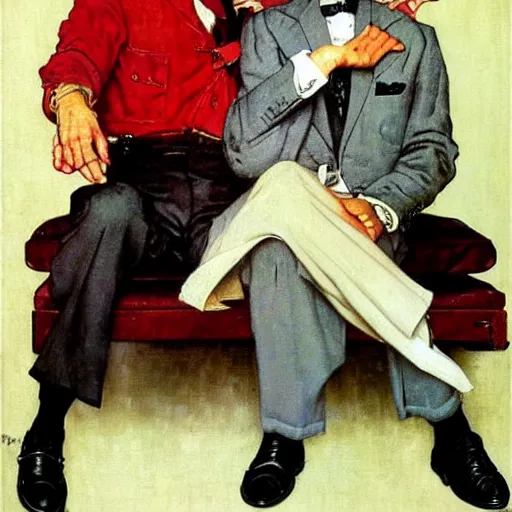 Prompt: An elegant man throws gang signs. Painting by Norman Rockwell.