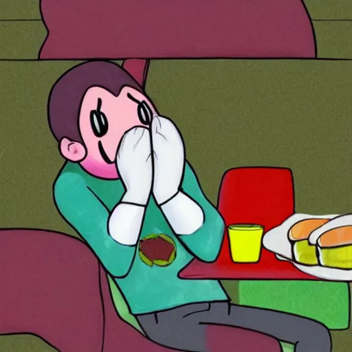 Prompt: Kirby depressed sitting on a bench eating a hamburger