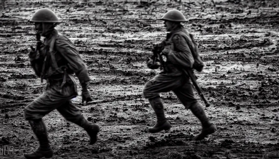 Image similar to screaming World War 1 soldier running away, wartorn landscape, lots of mud puddles and craters, bullets whizzing past camera, dirty lens, cinematic lighting, IMAX close-up of face, cinematography, 35mm