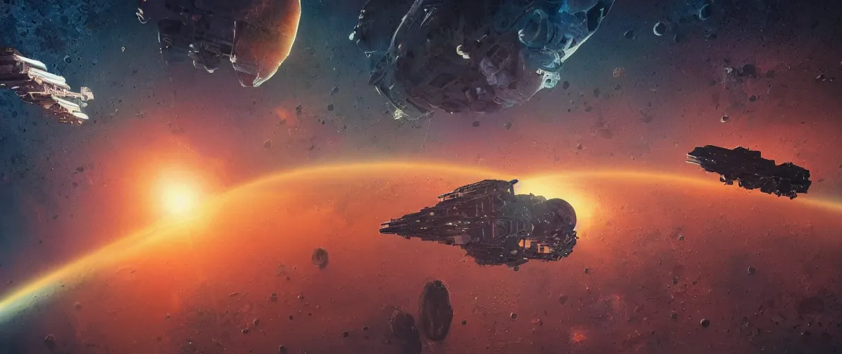 Image similar to tiny spaceship, deep space exploration!!!, flying, the expanse tv series, industrial design, the final frontier, illustrative!!, punk!!!, space pirate, hyperdetailed, hyperrealistic, utilitarian cargo ship, underexposed, cinematic lighting, 4k, wide angle, beksinski, (neon colors)