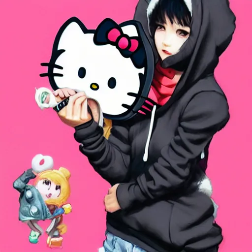 Image similar to Hello Kitty wearing black hoodie by Stanley Artgerm Lau, WLOP, Rossdraws, James Jean, Andrei Riabovitchev, Marc Simonetti, Yoshitaka Amano, ArtStation, CGSociety,