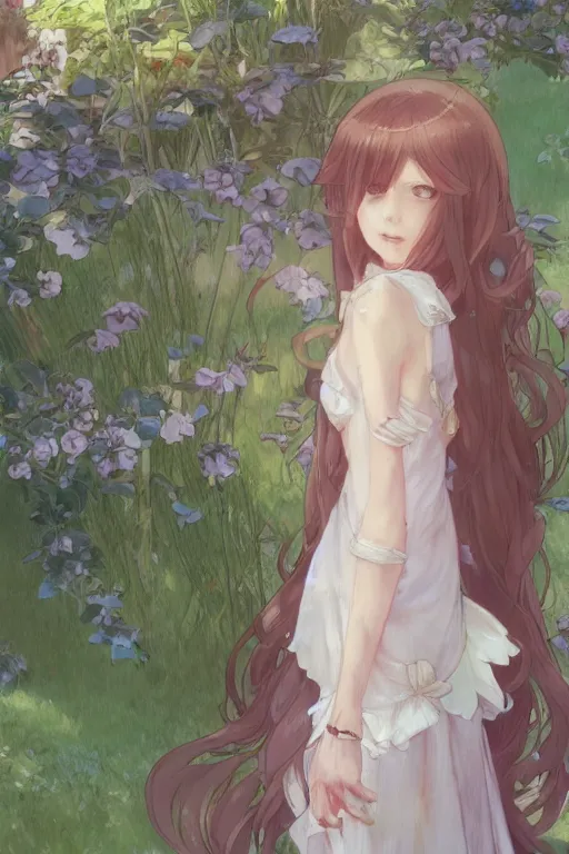 Image similar to a digital art of a loli with long hair in a dress in the privet garden at after noon, by krenz cushart and mucha and akihito yoshida and greg rutkowski and makoto shinkai, detailed eyes, 4 k resolution 、 trending on art station