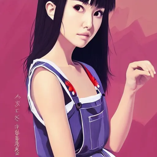 Image similar to a beautiful young japanese natalie portman alluring gravure model, wearing elegant designer overalls, elegant overalls with mesoamerican patterns, mesoamerican native street fashion, princess mononoke, by and wlop and ilya kuvshinov and artgerm and, aesthetic, gorgeous, stunning, alluring, attractive, artstation, pinterest, digital art