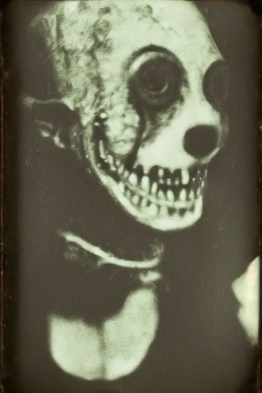 Image similar to faded daguerreotype portrait of disturbing haunted demonic abomination clown body horror