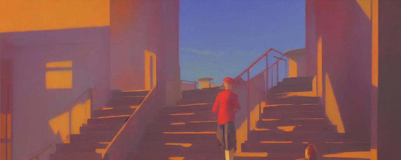 Image similar to A simplistic oilpainting of neo brutralism, a long stairway up, concept art, colorful, vivid colors, sunrise, warm colors, light, strong shadows, reflections, cinematic, 3D, in the style of Akihiko Yoshida and Edward Hopper