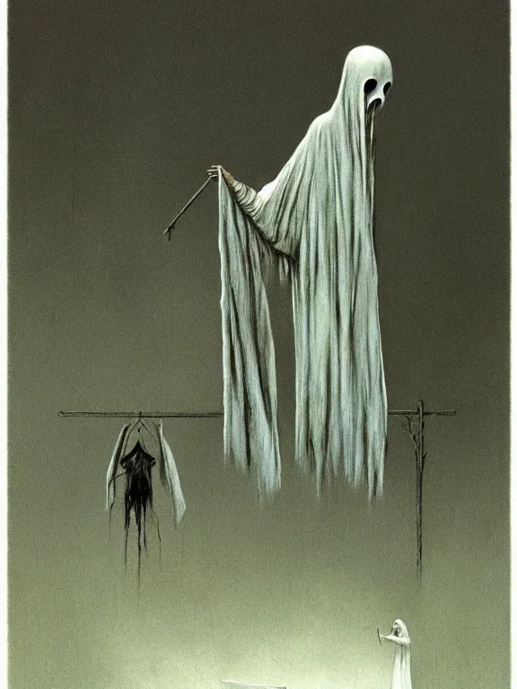 Prompt: a ghost ironing on an ironing board, art by beksinski, bernie wrightson, trending on artstation, optical illusion, horror film, creepypasta