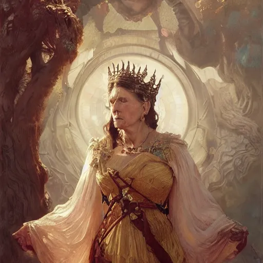 Prompt: highly detailed portrait of a majestic queen in the form of an old woman. d & d. art by donato giancola, eugene delacroix, ruan jia, carl larsson, peter mohrbacher. trending on artstation, intricate details, energetic composition, golden ratio, concept art, illustration, elegant art, global illuminaition