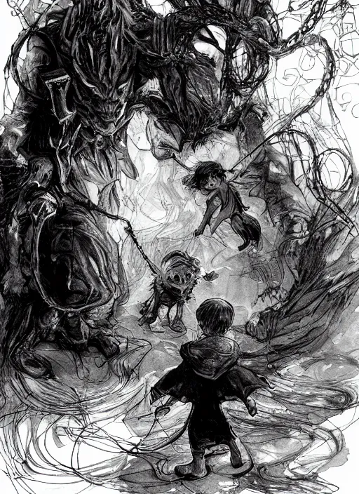 Image similar to portrait, A demon being led around on a leash by a toddler, tea party, watercolor, dramatic lighting, cinematic, establishing shot, extremely high detail, foto realistic, cinematic lighting, pen and ink, intricate line drawings, by Yoshitaka Amano, Ruan Jia, Kentaro Miura, Artgerm, post processed, concept art, artstation, matte painting, style by eddie mendoza, raphael lacoste, alex ross