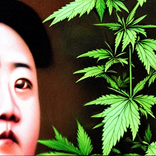 Image similar to araki nobuyoshi style close - up photography of realistic detailed north korean kim chen with detailed face smelling detailed weed bush