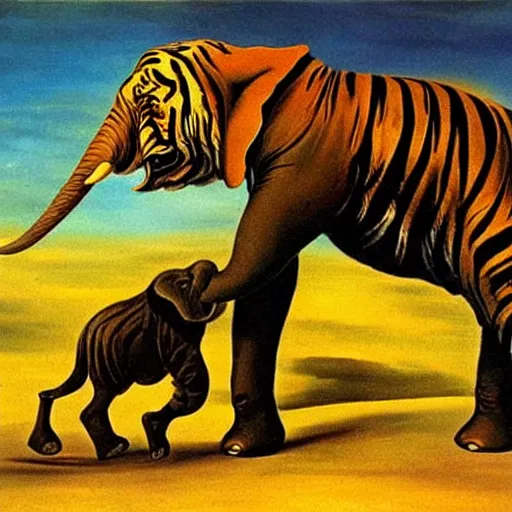 Prompt: an elephant fighting with a tiger painted by Salvador Dalí.