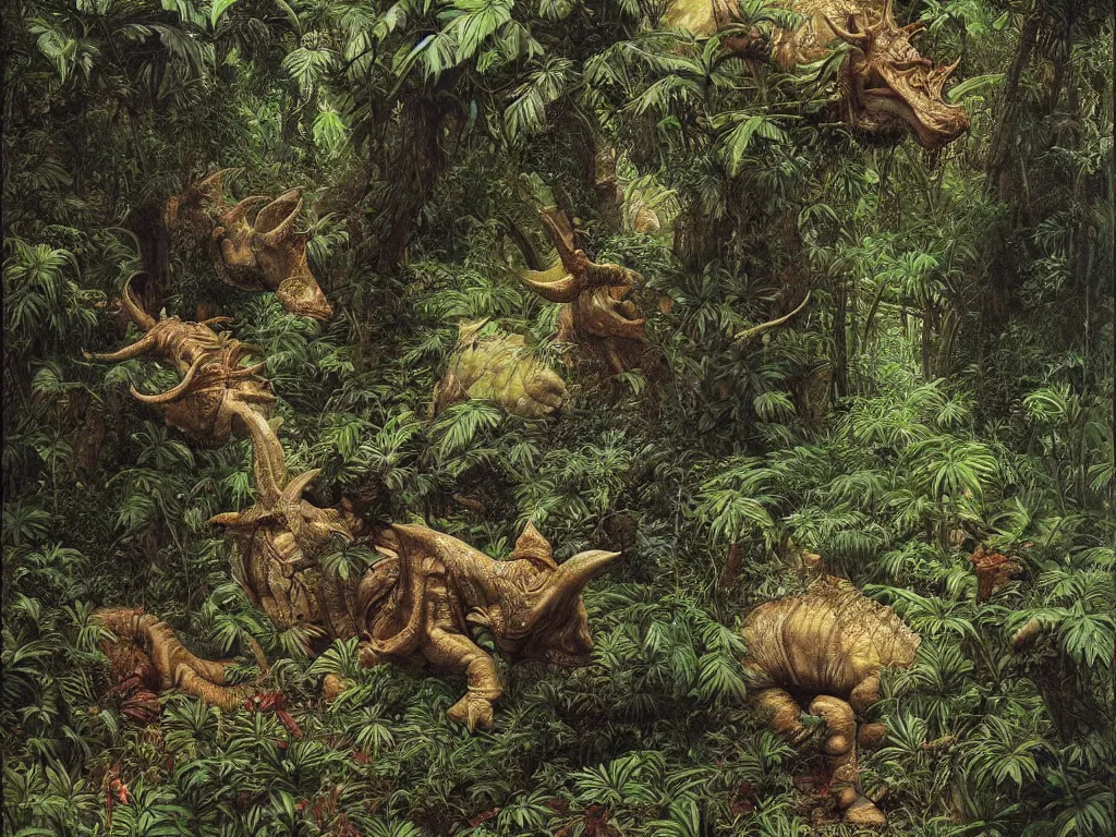 Prompt: a triceratops charging toward the viewer in a lush tropical jungle, fluid, smooth, bright, colours, high contrast, sharpness, very detailed, intricate, by donato giancola, gustave dore and junji ito