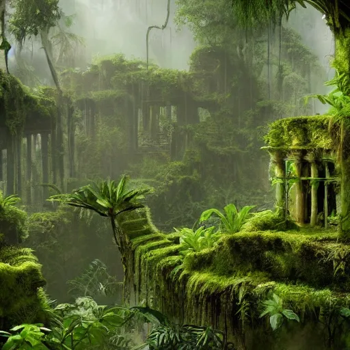 Image similar to A lost city in the jungle, with vines and moss covering the ruins, mysterious,enigmatic, Unreal Engine, 4k, by Iain McCaig and Jan toorop