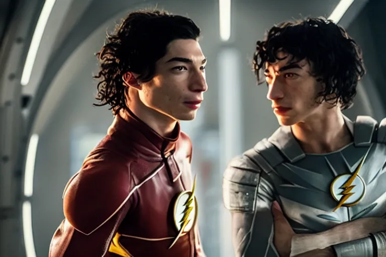 Image similar to a duel between flash ( left ) and ezra miller as flash ( right ), in space, shot on alexa, 3 5 mm cooke, still from a movie, trending on hollywood reporter