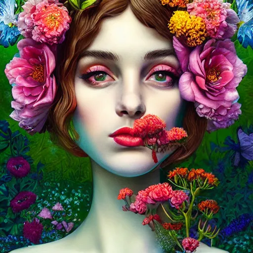 Image similar to Lofi portrait in a flower garden, Pixar style by Tristan Eaton and Stanley Artgerm and Tom Bagshaw and Tim Burton