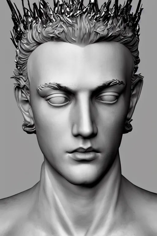 Image similar to full marble baroque style sculpture of handsome young seductive Spanish prince with a spiky hair, wearing a crown made out of woven pipe cleaners, background floating in outer space, photorealism, octane render, artgem, Trending on artstation