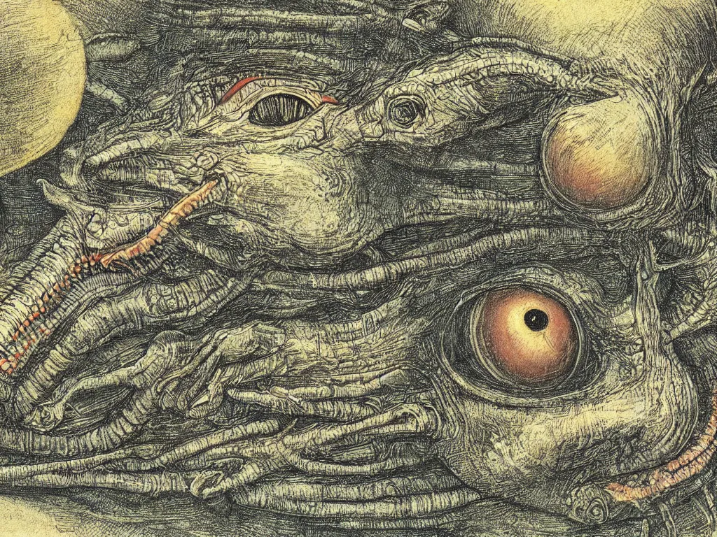 Prompt: close up view of a creature. codex seraphinianus, walton ford